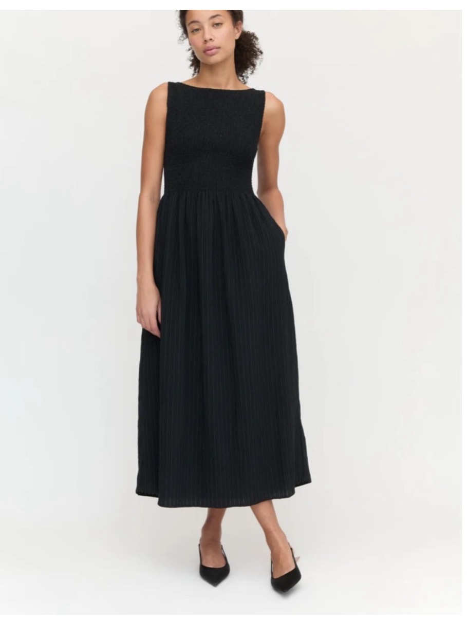Hill House The Cosima Nap Midi Dress Size S Black Seersucker